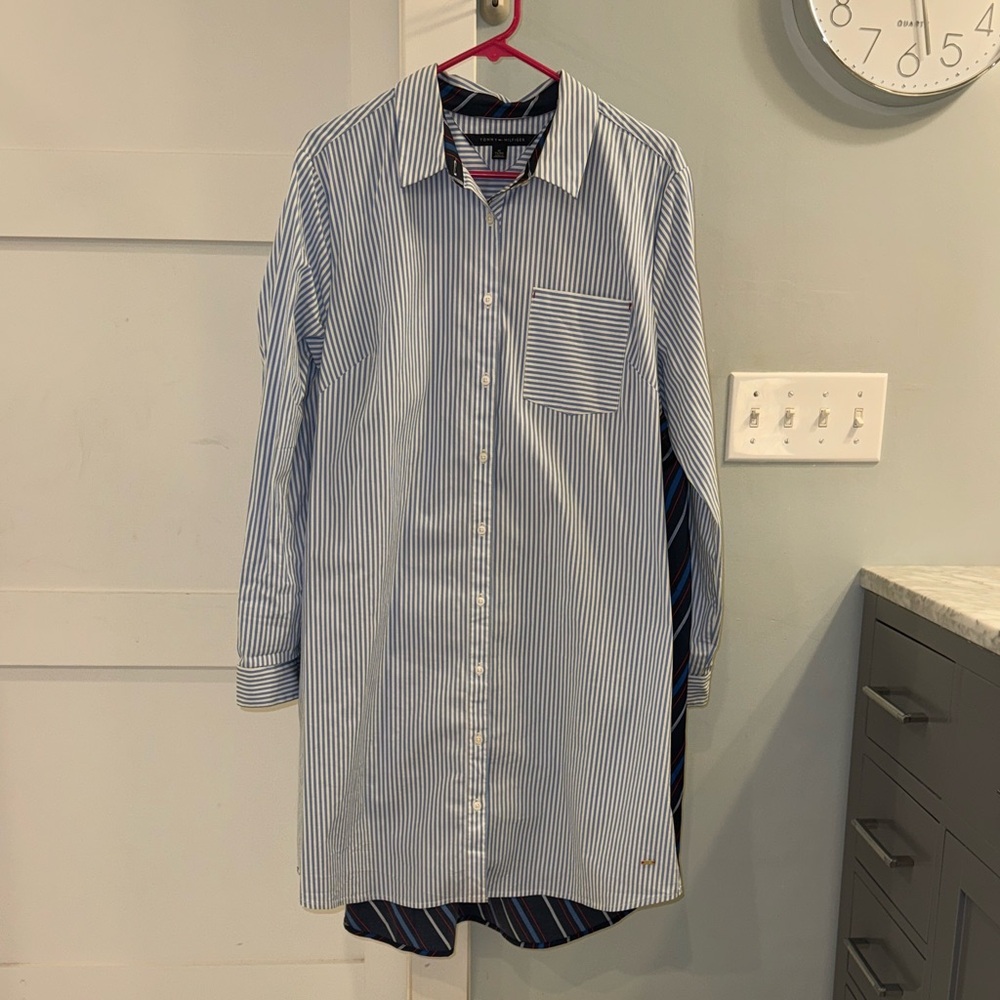 Tommy Hilfiger blue pinstripe shirt dress with scarf-like back panel